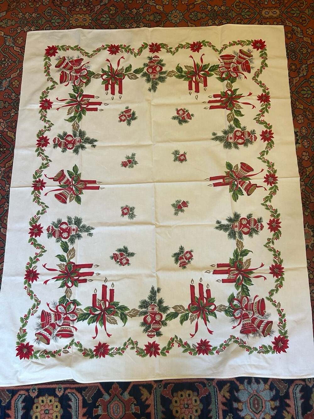 Vintage Mid-Century Christmas Tablecloth 51x63.5 – Festive Bells & Candles